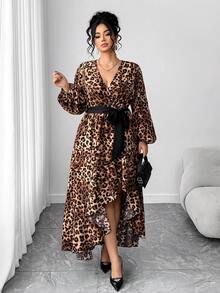 Cravure Plus Size Women Sexy Waist Belt Leopard Print High Slit Ruffle Hem Long Sleeve Dress - Khaki - View 5