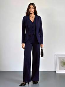 SHEIN Tall 3 件套：深蓝色长袖西装外套、背心和裤子，性感通勤和约会装，秋冬 - 藏蓝色 - 查看 3