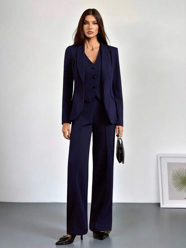 SHEIN Tall 3件套：深藍色長袖西裝外套、背心與長褲，性感通勤約會套裝，秋冬款，適合高個女性