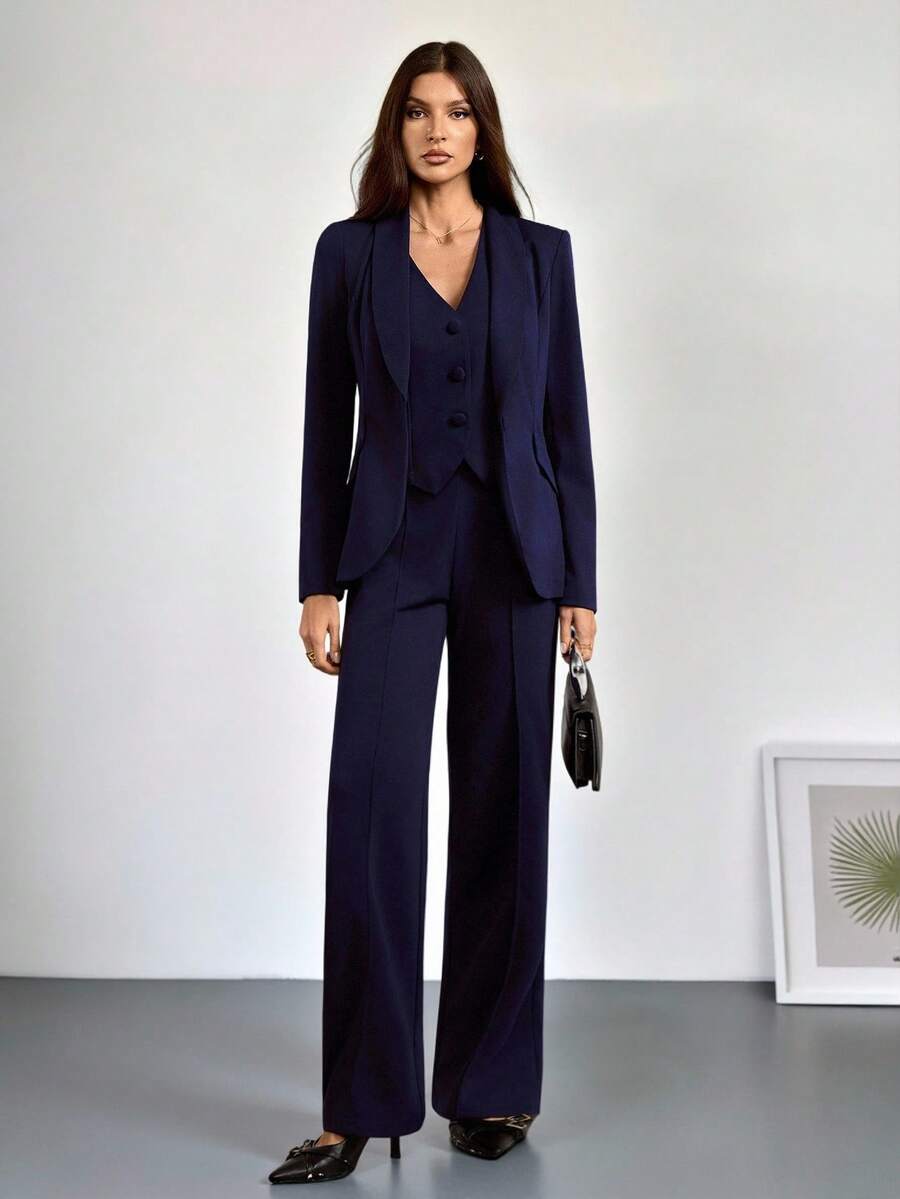 SHEIN Tall 3 Pieces Set: Navy Blue Long Sleeve Blazer, Vest And Trousers, Sexy Outfit For Commuting And Dating, Autumn/Winter - Navy Blue - View 1
