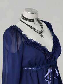 Sunspun Áo cánh thời trang thanh lịch tay dài cổ tim ren tương phản cỡ lớn dành cho nữ - Màu xanh hải quân - Xem 7