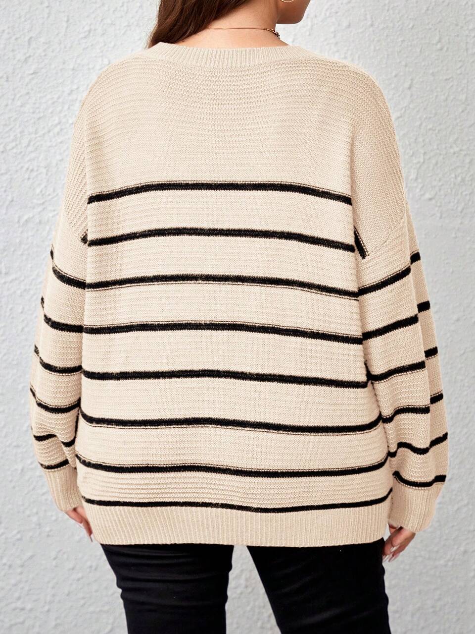 Plus Size Faux Cashmere Knitted Color Block Stripe Drop Shoulder Loose Pullover Sweater,Beige,Autumn,Oversized,Everyday Fashionable Winter Christmas