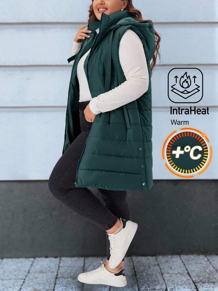 Plus Size Women's Winter Casual Dark Green Plain Hooded Padded Vest Jacket With Pockets/Winter, Plus Size Women Fall/Winter Casual Plain Hooded Padded Vest Jacket With Pockets, Autumn/Winter, Going Outs,2025 New ,Simple And Fashionable For Everyday Wear, Plus Size Winter , Christmas For Women ,New Year ,Thanksgiving For Women ,Quilted Jacket, Hooded Padded Coat, Outerwear Women, Winter For Women