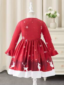 Glamorique Kids 年轻女孩连衣裙、圣诞服装、圣诞快乐、喇叭裤、雪地、小鹿 - 紅色 - 查看 2