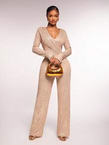 Radiana Bộ jumpsuit sequin màu sâm panh quyến rũ, gợi cảm dành cho nữ, cổ chữ V, tay dài, thích hợp cho các buổi tụ họp, sinh nhật, tiệc tùng, tiệc chiêu đãi, câu lạc bộ, hộp đêm, Giáng sinh, đêm giao thừa, các ngày lễ; dạ hội; váy dạ hội. - Rượu sâm banh - Xem 2
