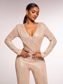 Radiana Bộ jumpsuit sequin màu sâm panh quyến rũ, gợi cảm dành cho nữ, cổ chữ V, tay dài, thích hợp cho các buổi tụ họp, sinh nhật, tiệc tùng, tiệc chiêu đãi, câu lạc bộ, hộp đêm, Giáng sinh, đêm giao thừa, các ngày lễ; dạ hội; váy dạ hội. - Rượu sâm banh - Xem 1