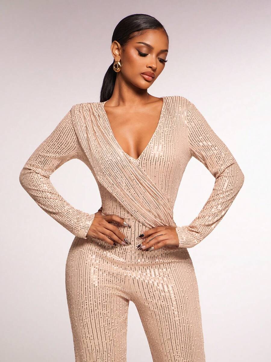 Radiana Bộ jumpsuit sequin màu sâm panh quyến rũ, gợi cảm dành cho nữ, cổ chữ V, tay dài, thích hợp cho các buổi tụ họp, sinh nhật, tiệc tùng, tiệc chiêu đãi, câu lạc bộ, hộp đêm, Giáng sinh, đêm giao thừa, các ngày lễ; dạ hội; váy dạ hội. - Rượu sâm banh - Xem 1