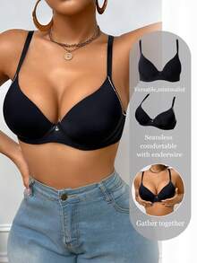 1pc Thin Padded Smooth Seamless Comfortable Underwire Supportive Basic Bra Women Push Up Bra Wireless Push Up Bra Push Up Bras Padded Plus Size Push Up Bra Bras For Women - Black - View 11