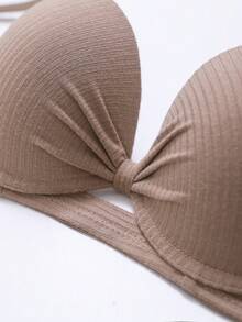 Desiresculpt Women Solid Color Bow Tie Instantlift Bra Lingerie Basic Casual Steel Ring Ribbed Underwire Push Up T-Shirt Bra - Khaki - View 7