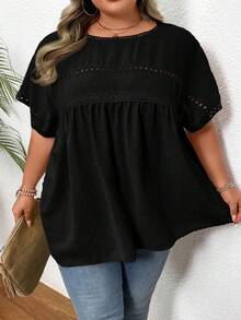 SHEIN CURVE+ Áo sơ mi Dolman ren tương phản cỡ lớn của Thụy Sĩ - màu đen - Xem 7