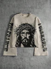 PAVTROS 男式字母和图案印花圆领长袖休闲 T 恤 - 卡其色 - 查看 1