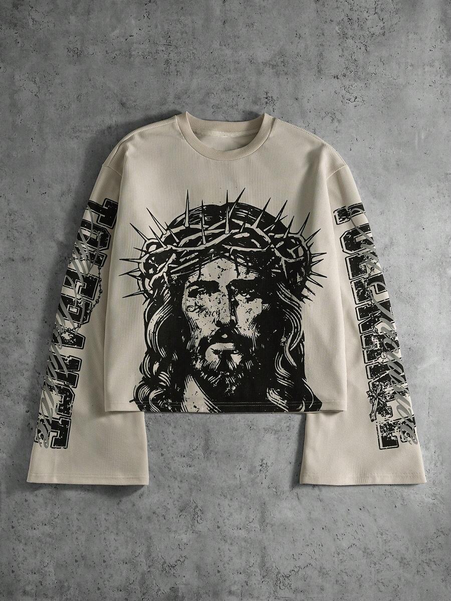 PAVTROS 男式字母和图案印花圆领长袖休闲 T 恤 - 卡其色 - 查看 1