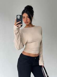 Aloruh Maglietta larga a maniche lunghe con vita stretta, colore unito, adatta per autunno/inverno - Albicocca - Visualizzare 8