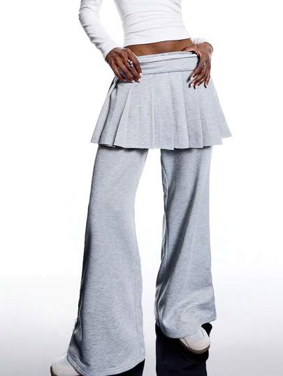 LYSMO Women's Solid Color Pleated Skirt And Wide Leg Pants Casual 2 Pieces Set