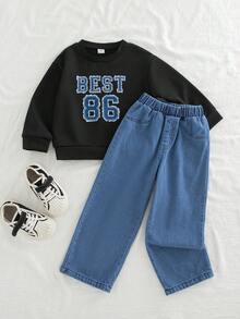 Genkimix Kids 2 件套幼儿男童秋季新款服装，圆领长袖运动衫，仿牛仔效果印花，休闲直筒牛仔裤，时尚百搭街头服饰套装 - 彩色 - 查看 1