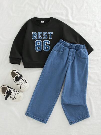 Genkimix Kids 2 件套幼儿男童秋季新款服装，圆领长袖运动衫，仿牛仔效果印花，休闲直筒牛仔裤，时尚百搭街头服饰套装