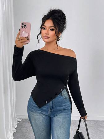 Gloray Women's Autumn/Winter Asymmetric Hem Decorative Knit Sexy T-Shirt, Suitable For Travel, Vacation, And Dates