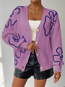 Chiquease Women's Casual Floral Print Dropped Shoulder Loose Button-Front Cardigan, Autumn/Winter - Purple - View 6