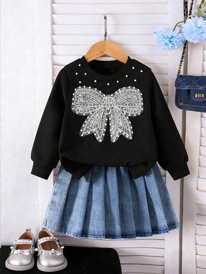 Girls Casual Fashion Daily School Style Round Neck Long Sleeve Loose 3D Pearl Sequin Bow Sweatshirt + High Waist Pleated Denim Mini Skirt 2Pcs Outfit, Back To School Clothes, All Season