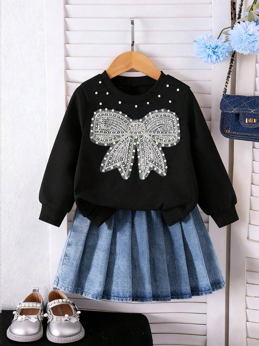 Girls Casual Fashion Daily School Style Round Neck Long Sleeve Loose 3D Pearl Sequin Bow Sweatshirt + High Waist Pleated Denim Mini Skirt 2Pcs Outfit, Back To School Clothes, All Season - Black - View 1