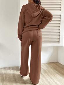 SHEIN 2件套孕妇休闲纯色连帽衫和运动裤套装，秋冬 - 咖啡棕 - 查看 2