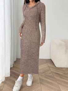 SHEIN EZwear 女款長袖針織中長洋裝，連帽設計，修身羅紋針織開衩洋裝，咖啡棕色，秋季休閒日常款 - 駝色 - 查看 5