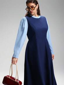 LYSMO Plus Size 2 In 1 Contrast Color A-Line Long Casual Dress Dress Modest Blue Elegant Dress Women - Blue - View 6