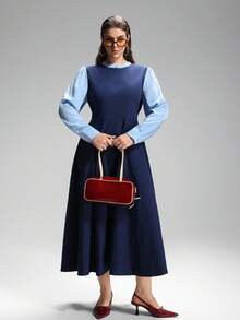 LYSMO Plus Size 2 In 1 Contrast Color A-Line Long Casual Dress Dress Modest Blue Elegant Dress Women - Blue - View 9
