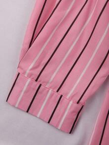 Franclia Damen Große Größen Lässig Hemd mit rosa, schwarzen und weißen gestreiften dekorativen Knöpfen - Pink - Übersicht 4