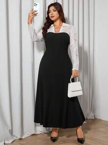 Modelyn Váy midi ôm sát ren màu đen tương phản cỡ lớn, thu/đông - màu đen - Xem 5