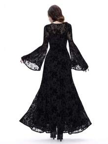 Breakform 女式哥特式纯色两件套连衣裙，可调节肩带，收腰，不对称下摆，包括 V 领带吊带裙和喇叭袖高开衩植绒花卉覆盖连衣裙 - 黑色 - 查看 2