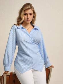 EMERY ROSE Damen Große Größen Gewebtes Kontrast Gestreiftes Regular Elegantes Langarm Tailliertes Hemd mit asymmetrischem Saum in Blau & Weiß, Herbst/Winter - Blau-Weiß - Übersicht 4
