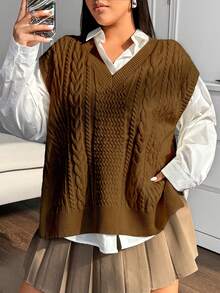Flirla 大码女式休闲宽松V领扭纹针织背心，秋冬 - 棕色 - 查看 4