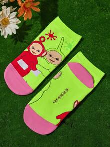 Teletubbies X SHEIN 4双柔软透气吸湿排汗休闲女士短袜，卡通图案可爱，时尚绿色、紫色和粉色短袜，加固脚趾和脚跟，经久耐用，适合所有季节，适合夏季和冬季 - 彩色 - 查看 9