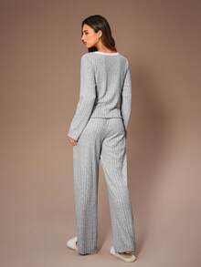 Lazeform 女士针织休闲V领撞色纽扣装饰V领长袖上衣和裤子睡衣套装，女士家居服套装，针织睡衣两件套，女士针织家居服，秋冬服装 - 彩色 - 查看 4