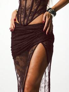KIZN Lace Maxi Skirt With Dramatic Side Slit And Sheer Overlay For Evening Party Occasions - Chocolate Brown - View 3