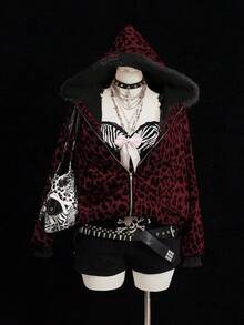 Sunspun Fashionable Leopard Print Velvet Hooded Faux Fur Lined Zip-Up Jacket - Multicolor - View 1