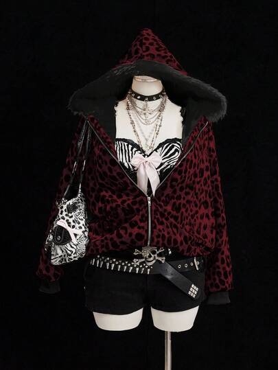 Sunspun Fashionable Leopard Print Velvet Hooded Faux Fur Lined Zip-Up Jacket