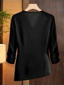 SHEIN Franclia 女士时尚纯色不对称优雅衬衫 - 黑色 - 查看 2