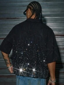 AXEPEAK Áo thun polo dáng rộng đính đá pha lê cho nam - màu đen - Xem 2