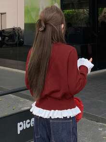 DAZY Patchwork Contrast Color Ruffle Splice Long Sleeve Round Neck Drawstring Tie Casual Sweater For Women, Autumn/Winter - Red - View 4