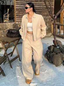 Dazy Plus 2 件大码女式牛仔套装，短款口袋翻领宽松上衣夹克和直筒牛仔裤，街头风格 - 杏色 - 查看 8