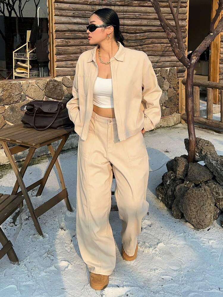 Dazy Plus 2pcs Plus Size Women Denim Outfit, Cropped Pocket Lapel Loose Top Jacket And Straight Leg Jeans, Streetwear Style