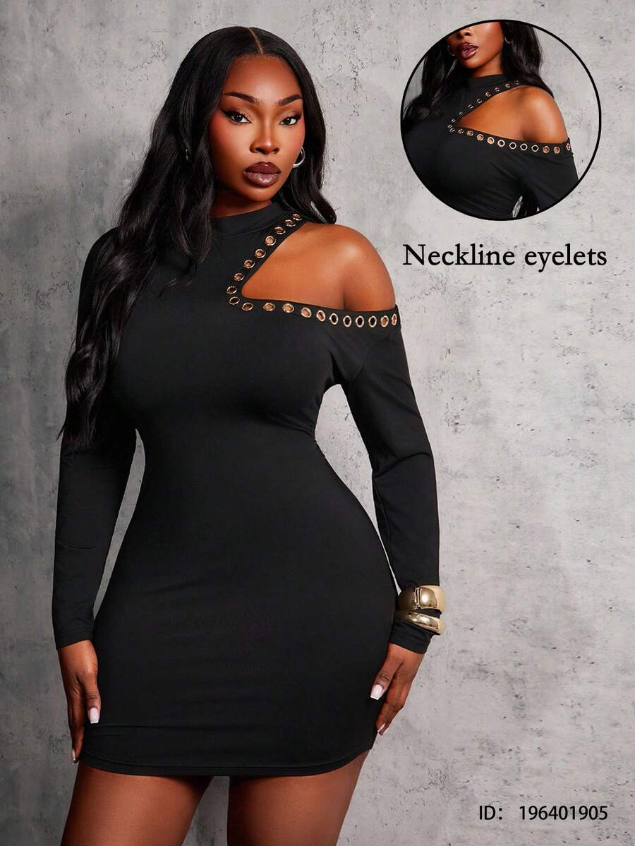 SHEIN SXY Plus Size Women's Long Sleeve Left Shoulder Hollow Out Eyelet Decor Bodycon Long Dress, Autumn/Winter Bodycon Plus Size Dress One Shoulder Dress Curve