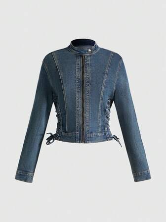 Hippie Chaqueta vaquera de motorista vintage lavada con ojales en la cintura y cordones para mujer, estilo Y2K