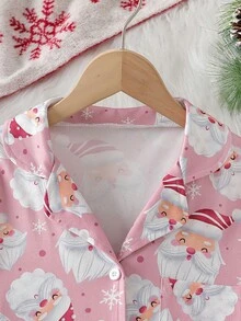 青少年女孩圣诞主题睡衣套装，圣诞老人和雪花全身印花，阻燃，优雅舒适的长袖上衣和裤子，2 件套，节日礼物 - 粉色 - 查看 3