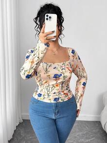 Elenzga Blusa de manga larga con cuello en U, estampado floral y fruncido, para mujer talla grande. Adecuada para el día a día, fiestas y transporte, otoño/invierno - Multicolor - Ver 2