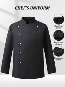 Manfinity Homme Men's Breathable Stand Collar Chef Shirt For Daily Wear,Men's Stand Collar Contrast Piping Single-Breasted Black Chef Shirt Chef Jacket Men Mandarin Collar Men Long Sleeve Chef Jacket Chef Uniform Jackets For Men Long Sleeve Men's Chef Coat Long Sleeve Chef Uniform - Black - View 1