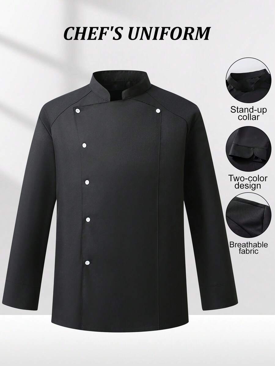 Manfinity Homme Men's Breathable Stand Collar Chef Shirt For Daily Wear,Men's Stand Collar Contrast Piping Single-Breasted Black Chef Shirt Chef Jacket Men Mandarin Collar Men Long Sleeve Chef Jacket Chef Uniform Jackets For Men Long Sleeve Men's Chef Coat Long Sleeve Chef Uniform - Black - View 1