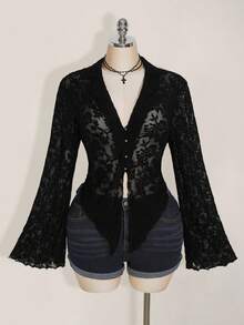 SHEIN ICON 加大码女式生菜边不对称下摆透明喇叭袖单排扣性感衬衫（不含胸罩） - 黑色 - 查看 3